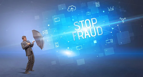 Empresario Defendiendo Con Paraguas Ataque Cibernético Stop Fraud Inscripción Concepto — Foto de Stock