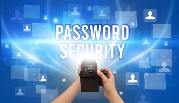 Zbliżenie Ręcznej Kamery Napisem Password Security Koncepcja Nadzoru Wideo — Zdjęcie stockowe