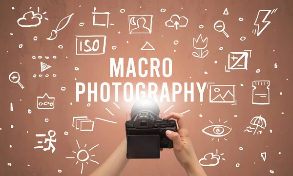 Hand Taking Picture Digital Camera Macro Photography Inscription Camera Settings — Stock Photo, Image