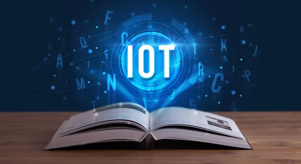 Iot Inscription Coming Out Open Book Digital Technology Concept — Stockfoto