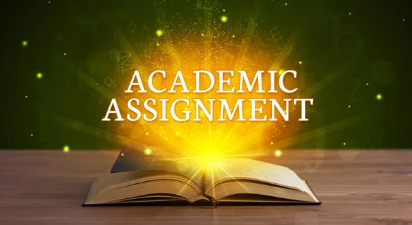 Academic Assignment Inscription Coming Out Open Book Educational Concept — Stock fotografie