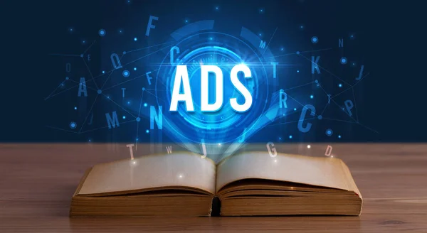 ADS inscription coming out from an open book, digital technology concept