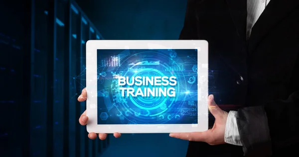 Young Business Person Working Tablet Shows Inscription Business Training Business — Stock Photo, Image