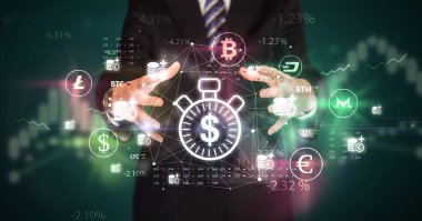 Zaman tutan iş adamı para sembolü, yatırım konseptidir