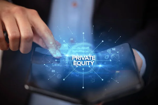 Empresário Segurando Smartphone Dobrável Com Inscrição Private Equity Novo Conceito — Fotografia de Stock