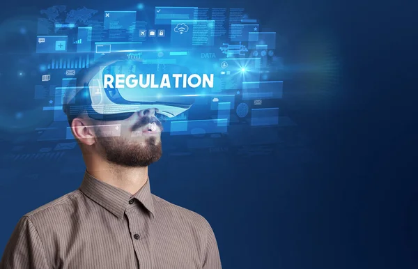 Businessman Looking Virtual Reality Glasses Regulation Inscription Innovative Security Concept — Stock Photo, Image
