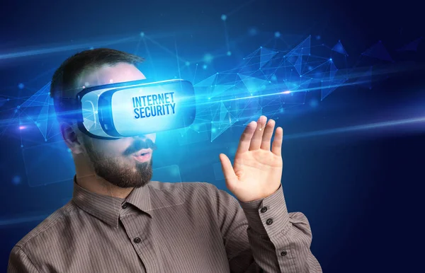 Businessman Looking Virtual Reality Glasses Internet Security Inscription Cyber Security — Stock Photo, Image