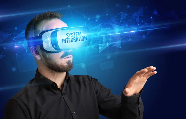 Businessman Looking Virtual Reality Glasses System Integration Inscription Cyber Security — Stockfoto