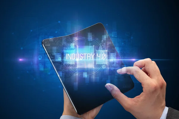 Empresario Sosteniendo Smartphone Plegable Con Inscripción Industry Concepto Nueva Tecnología — Foto de Stock
