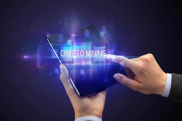 Businessman Holding Foldable Smartphone Crypto Mining Inscription New Technology Concept — Stock Photo, Image