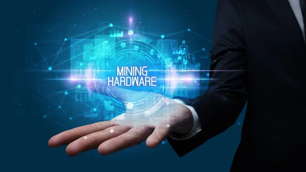 Άντρας Χέρι Εκμετάλλευση Mining Hardware Επιγραφή Έννοια Της Τεχνολογίας — Φωτογραφία Αρχείου