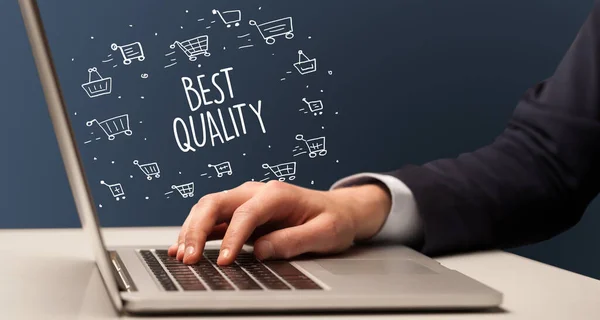 Businessman Working Laptop Best Quality Inscription Online Shopping Concept — Stock Photo, Image