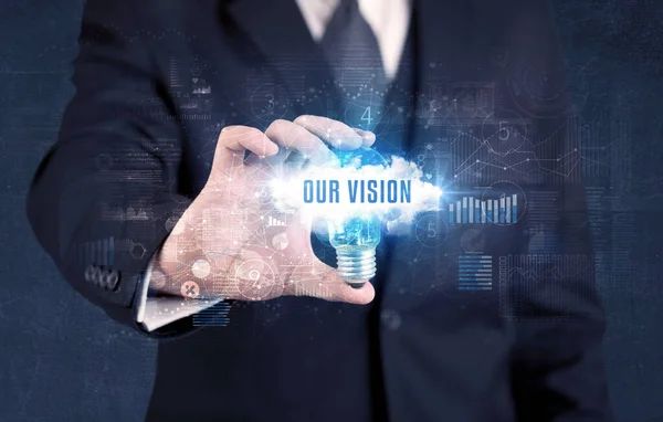 Geschäftsmann Hält Eine Glühbirne Mit Unserer Vision Aufschrift Neues Geschäftskonzept — Stockfoto