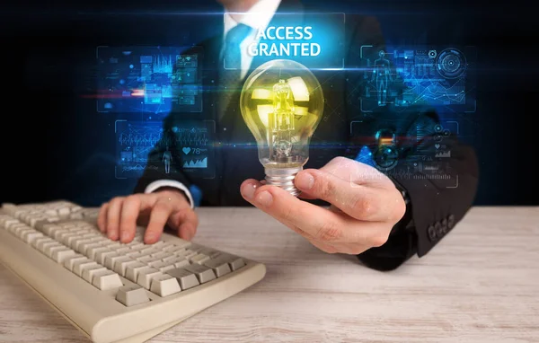 Businessman Holding Lightbulb Access Granted Inscription Online Security Idea Concept — Stock Photo, Image