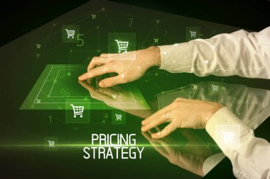 FRICING STRATEGY yazıt konseptiyle online alışveriş, alışveriş arabası simgeleri
