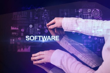 İş adamı SOFTWARE yazıtları ve modern teknoloji konseptiyle büyük ekrana dokunuyor