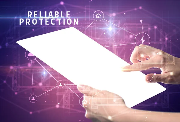 Holding Futuristic Tablet Reliable Protection Inscription Cyber Security Concept — Stock Photo, Image