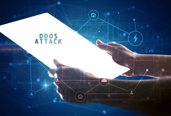 Tableta Futurista Con Inscripción Ddos Attack Concepto Seguridad Cibernética —  Fotos de Stock