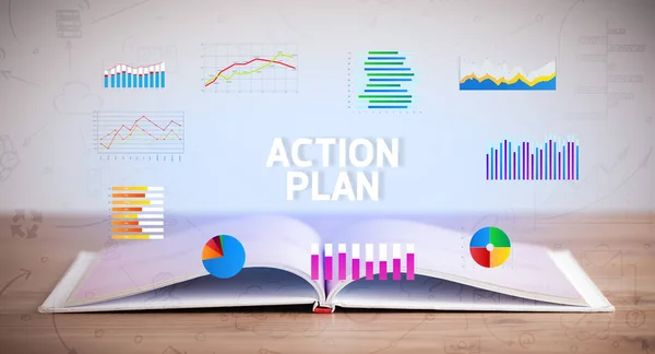Otwarta Książka Napisem Action Plan Nowa Koncepcja Biznesowa — Zdjęcie stockowe