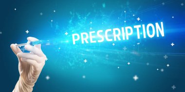 Şırınga, elinde prescRIPTION yazısıyla tıbbi enjeksiyon, tıbbi panzehir konsepti