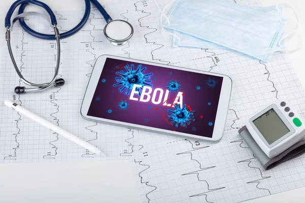 Tablet Doctor Tools White Surface Ebola Inscription Pandemic Concept — Stock Photo, Image