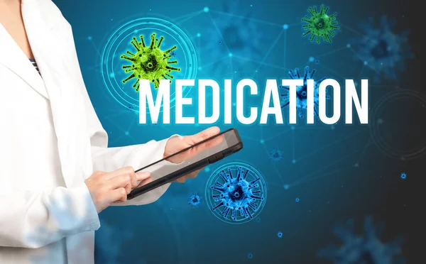 doctor prescribes a prescription with MEDICATION inscription, pandemic concept