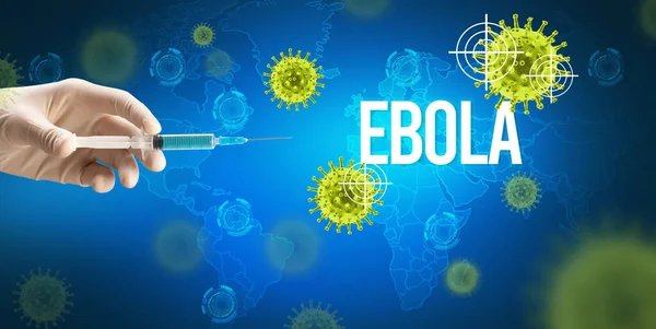 Погляд Лікарів Білу Рукавичку Тримає Шприц Написом Ebola Антидот Концепція — стокове фото
