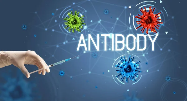 Spritze Medizinische Injektion Der Hand Mit Antibody Aufschrift Coronavirus Impfkonzept — Stockfoto