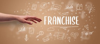 FRANCHISE yazıtına işaret eden kırpılmış elin yakın çekimi, modern iş çözümü kavramı