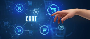 CART yazıtlarına, çevrimiçi alışveriş kavramına yakın çekim el işaretleri