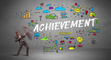 Şemsiyenin arkasına saklanan azimli iş adamı. AİEVEMENT yazıtları, yeni iş konsepti.