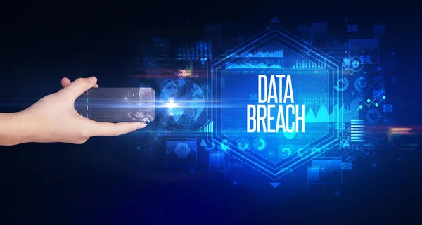 Ручная Беспроводная Периферия Надписью Data Breach Концепция Кибербезопасности — стоковое фото