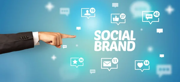 Primer Plano Mano Recortada Apuntando Inscripción Social Brand Concepto Redes —  Fotos de Stock