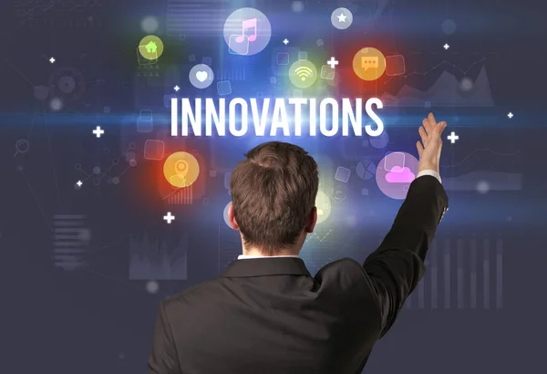 Rear View Businessman Innovations Inscription Modern Technology Concept — Stock Photo, Image