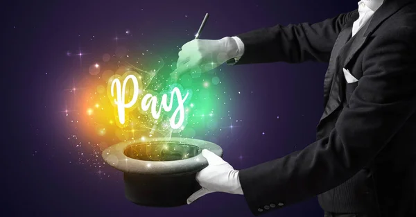 Main Magicien Conjure Avec Baguette Inscription Pay Concept Shopping — Photo