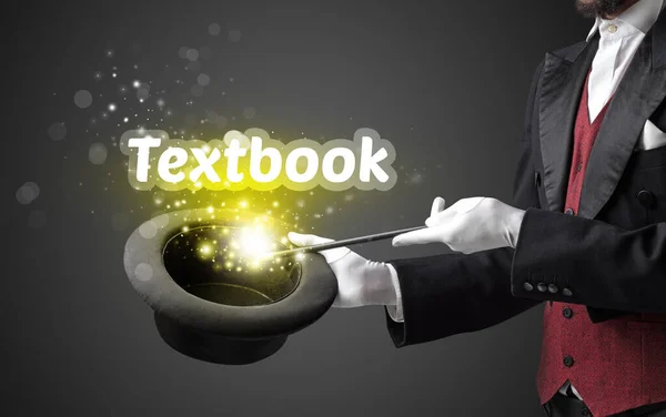 Magician Showing Magic Trick Textbook Inscription Educational Concept — Stock Photo, Image