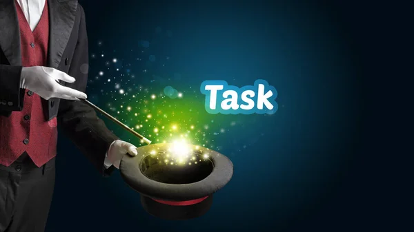 Magician Showing Magic Trick Task Inscription Educational Concept — Stock Photo, Image