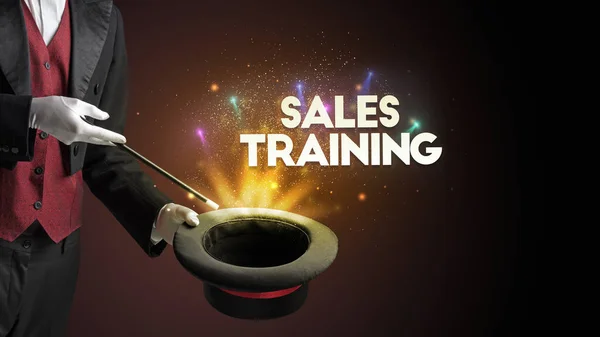 Illusionist Showing Magic Trick Sales Training Inscription New Business Model — Stock Photo, Image