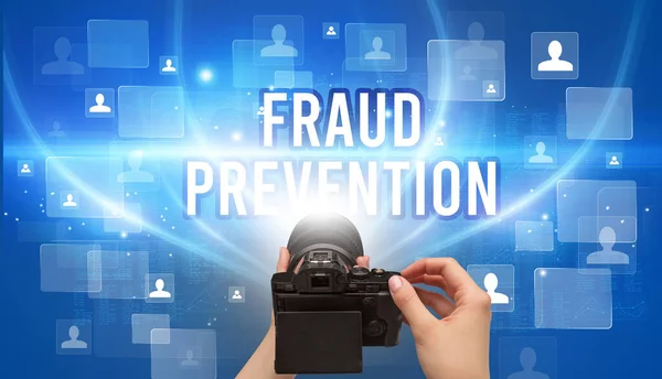 Närbild Handhållen Kamera Med Fraud Prevention Inskription Videoövervakning Koncept — Stockfoto