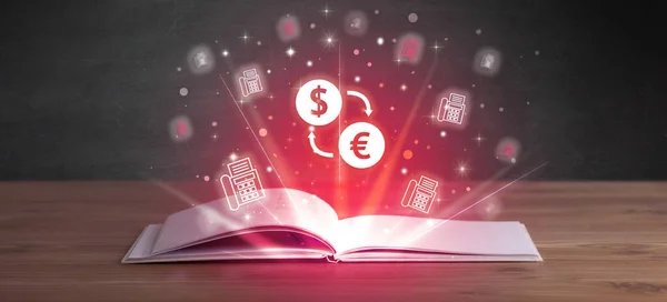 Open book with dollar - euro exchange icons above, currency exchange concept