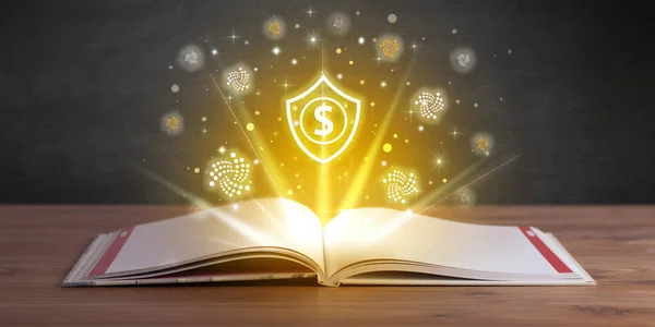 Open Book Dollar Shield Icons Currency Exchange Concept — Stock Photo, Image