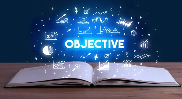 OBJECTIVE inscription coming out from an open book, business concept