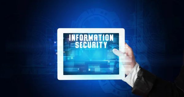 Young Business Person Working Tablet Shows Digital Sign Information Security — Stock Photo, Image