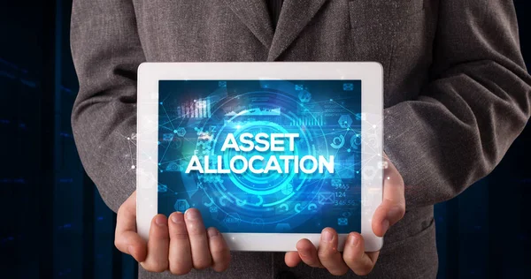 Young Business Person Working Tablet Shows Inscription Asset Allocation Business — Stock Photo, Image