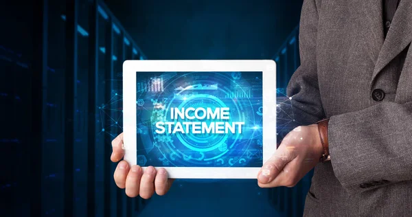 Young Business Person Working Tablet Shows Inscription Income Statement Business — Stock Photo, Image