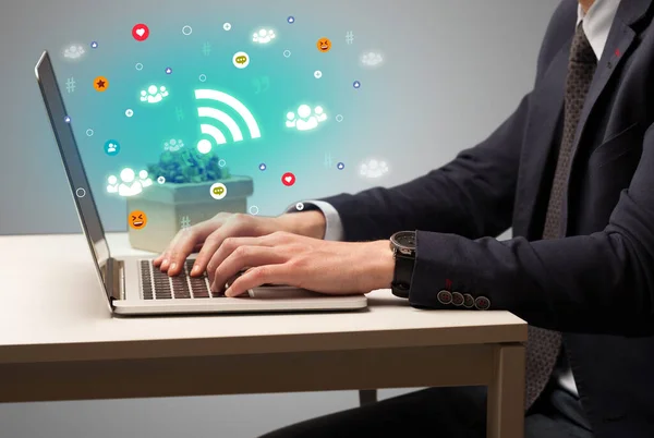 Hand Surfing Social Media Wifi Icons Coming Out Screen Networking — Stock Photo, Image