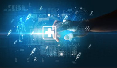 Doktor el, ekranda ilk yardım sembolü olan fütüristik sağlık aygıtı, fütüristik kavram