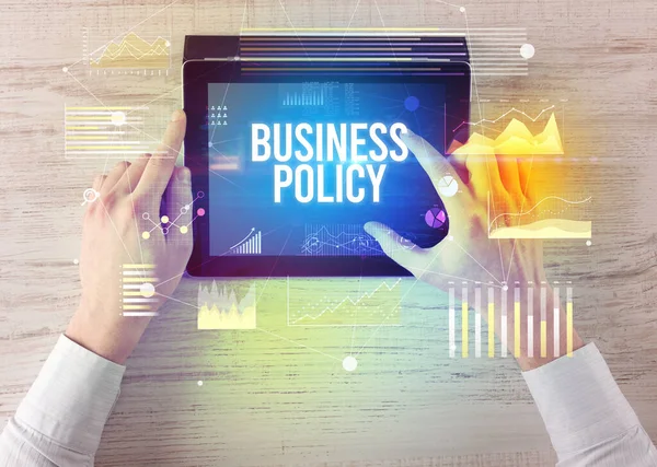 Close Hands Holding Tablet Business Policy Inscription Modern Business Concept — Stock Photo, Image
