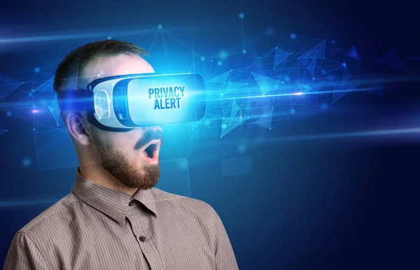 Businessman Looking Virtual Reality Glasses Privacy Alert Inscription Cyber Security — Stock Photo, Image