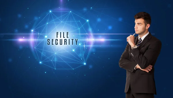 Businessman Thinking Security Solutions File Security Inscription — Stock Photo, Image